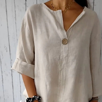 🌞Frühlingserwachen: 50% Rabatt!✨Damen Lockeres Baumwoll-Leinen V-Ausschnitt Shirt – Atmungsaktiv, Schmeichelhaft & Vielseitig