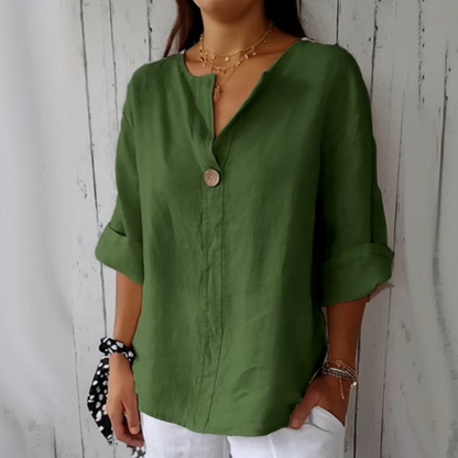 🌞Frühlingserwachen: 50% Rabatt!✨Damen Lockeres Baumwoll-Leinen V-Ausschnitt Shirt – Atmungsaktiv, Schmeichelhaft & Vielseitig