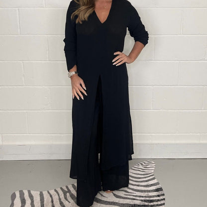 Damen Zweiteiliges Set mit Langem Oberteil und Weiten Hosen