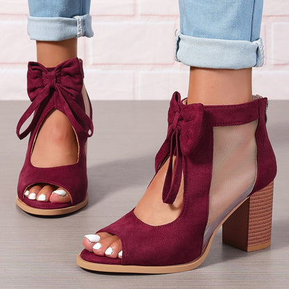 Offene Sandalen mit Schleife und klobigem Absatz für Damen