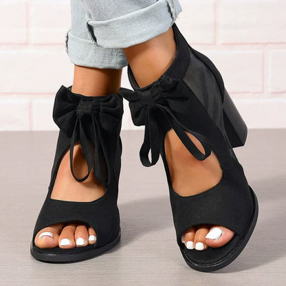 Offene Sandalen mit Schleife und klobigem Absatz für Damen