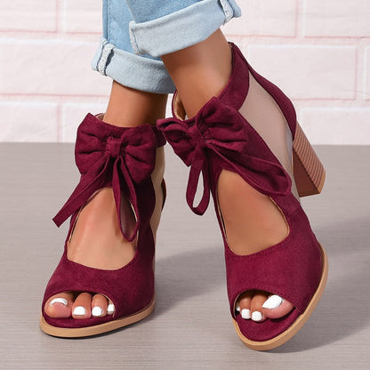 Offene Sandalen mit Schleife und klobigem Absatz für Damen