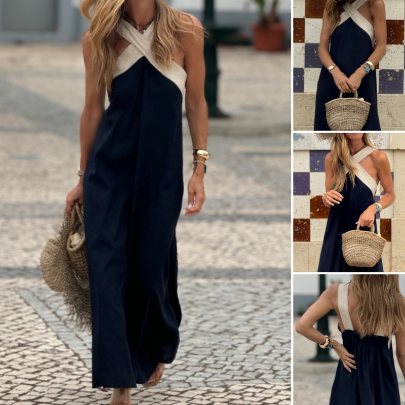 🌞Frühlingserwachen: 50% Rabatt!💕Sommer-Traum: Elegantes Neckholder-Maxikleid mit Kontrast-Design