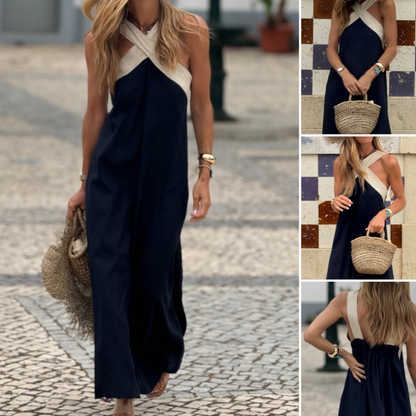 🌞Frühlingserwachen: 50% Rabatt!💕Sommer-Traum: Elegantes Neckholder-Maxikleid mit Kontrast-Design