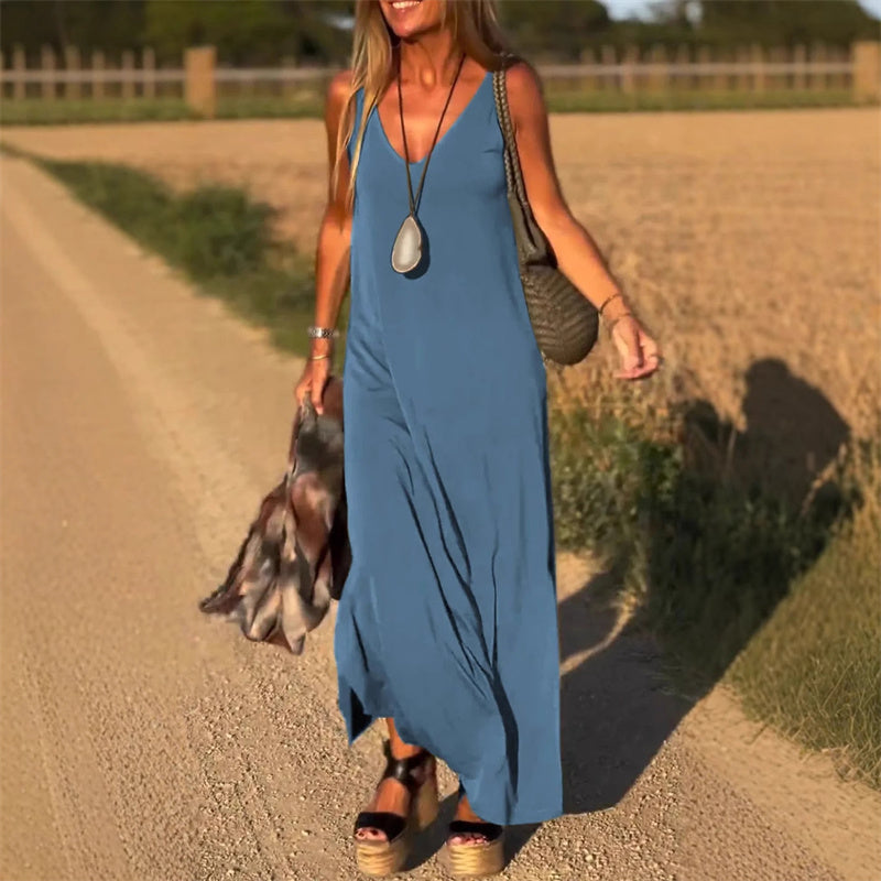 🌞Frühlingserwachen: 50% Rabatt!👗 Damen Maxi-Cami-Kleid mit V-Ausschnitt: Fließend, atmungsaktiv & vielseitig für Sommer, Partys & formelle Anlässe