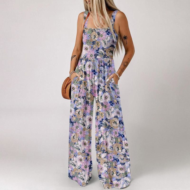 🌞Frühlingserwachen: 50% Rabatt!🌼 Damen Lässige Bedruckte Ärmellose Overalls – Weitbein, Elastischer Bund & Praktische Taschen für Sommer