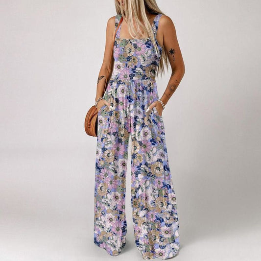 🌞Frühlingserwachen: 50% Rabatt!🌼 Damen Lässige Bedruckte Ärmellose Overalls – Weitbein, Elastischer Bund & Praktische Taschen für Sommer