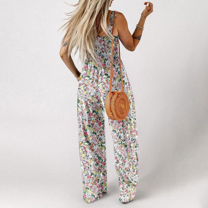 🌞Frühlingserwachen: 50% Rabatt!🌼 Damen Lässige Bedruckte Ärmellose Overalls – Weitbein, Elastischer Bund & Praktische Taschen für Sommer