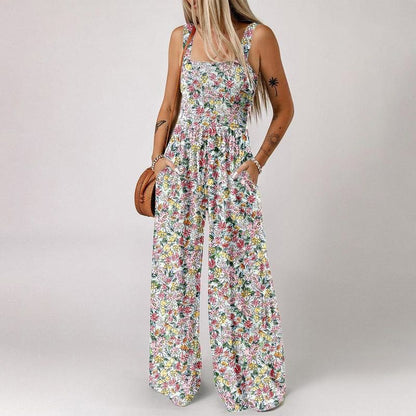 🌞Frühlingserwachen: 50% Rabatt!🌼 Damen Lässige Bedruckte Ärmellose Overalls – Weitbein, Elastischer Bund & Praktische Taschen für Sommer