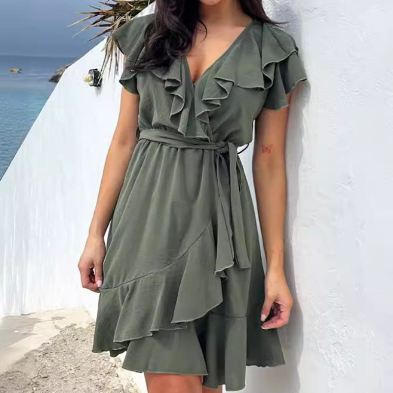 🎉Sommer Neuankömmlinge👗Elegantes Damen Taille Krawatte V-Ausschnitt Rüschenkleid