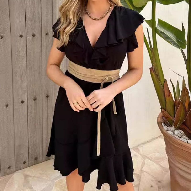 🎉Sommer Neuankömmlinge👗Elegantes Damen Taille Krawatte V-Ausschnitt Rüschenkleid