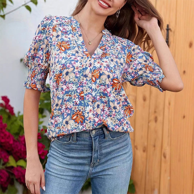 🌸 FLASH-SALE: 50% AUF BLUSEN! 👒 Damen Bluse mit Blumenmuster – Romantische Puffärmel & V-Ausschnitt 💃