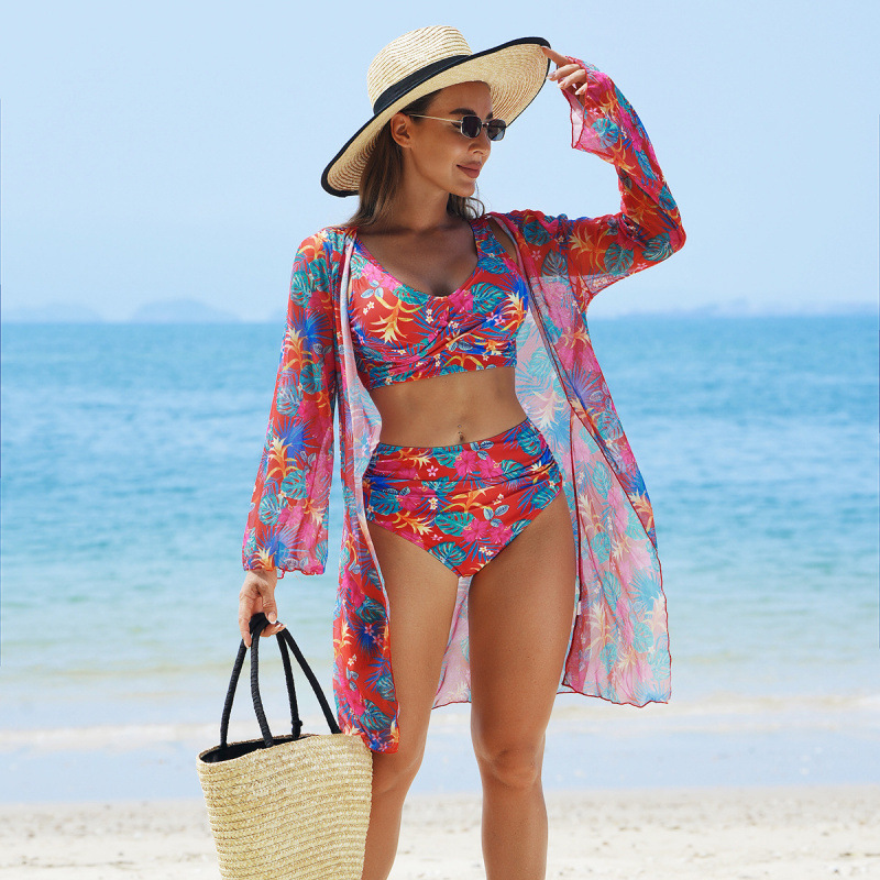 🌊🐚🌴Blühender Zauber des Sommers - Dreiteiliger Bikini-Badeanzug aus Mesh für Damen