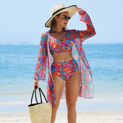 🌊🐚🌴Blühender Zauber des Sommers - Dreiteiliger Bikini-Badeanzug aus Mesh für Damen
