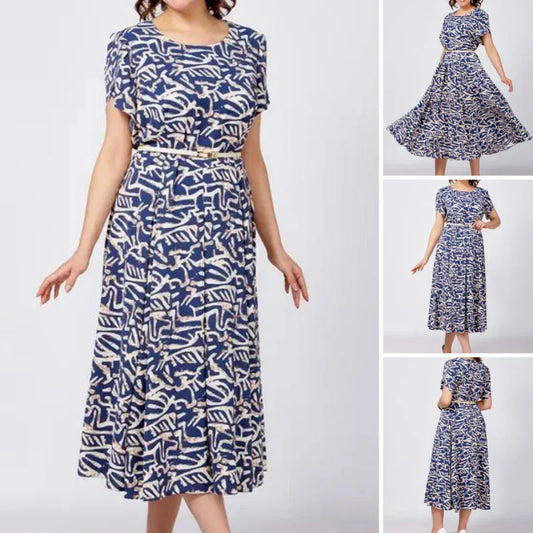 Damen Trendy Blau Print Kurzarm Kleid mit Gürtel