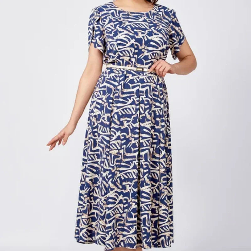 Damen Trendy Blau Print Kurzarm Kleid mit Gürtel