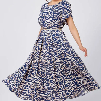 Damen Trendy Blau Print Kurzarm Kleid mit Gürtel
