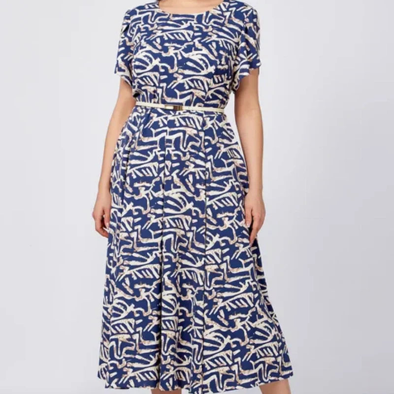 Damen Trendy Blau Print Kurzarm Kleid mit Gürtel