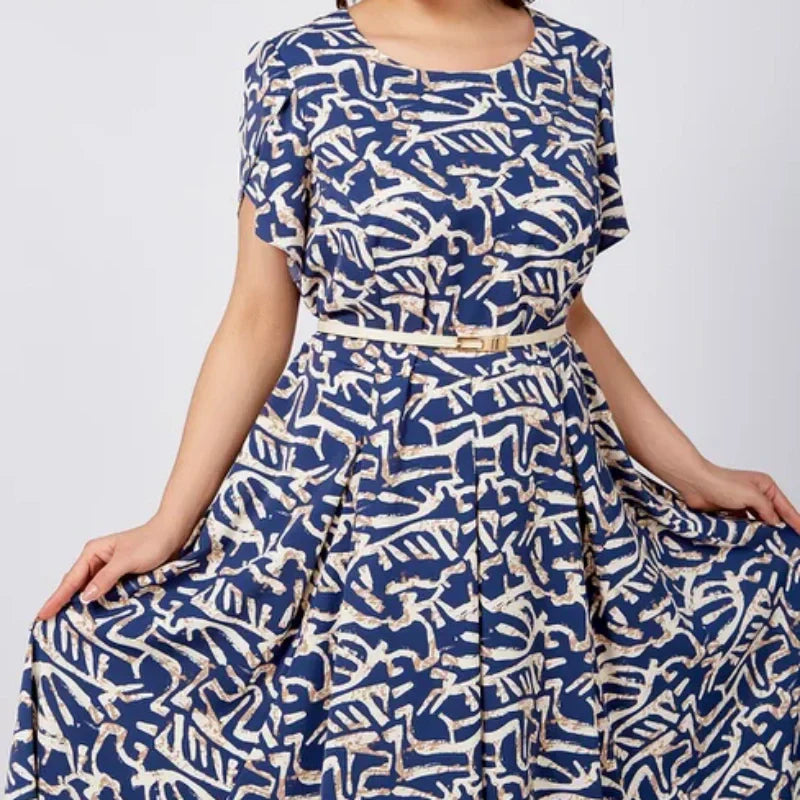 Damen Trendy Blau Print Kurzarm Kleid mit Gürtel
