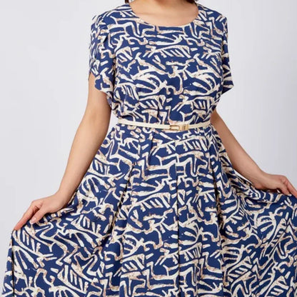 Damen Trendy Blau Print Kurzarm Kleid mit Gürtel