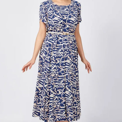 Damen Trendy Blau Print Kurzarm Kleid mit Gürtel