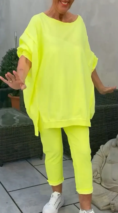 🎁💃Begrenzte Zeit 50% Rabatt💥Rundhalsausschnitt mit Schlitz. Fluoreszierender Freizeitanzug für Damen