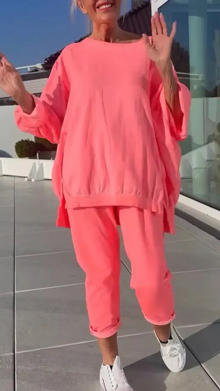 🎁💃Begrenzte Zeit 50% Rabatt💥Rundhalsausschnitt mit Schlitz. Fluoreszierender Freizeitanzug für Damen