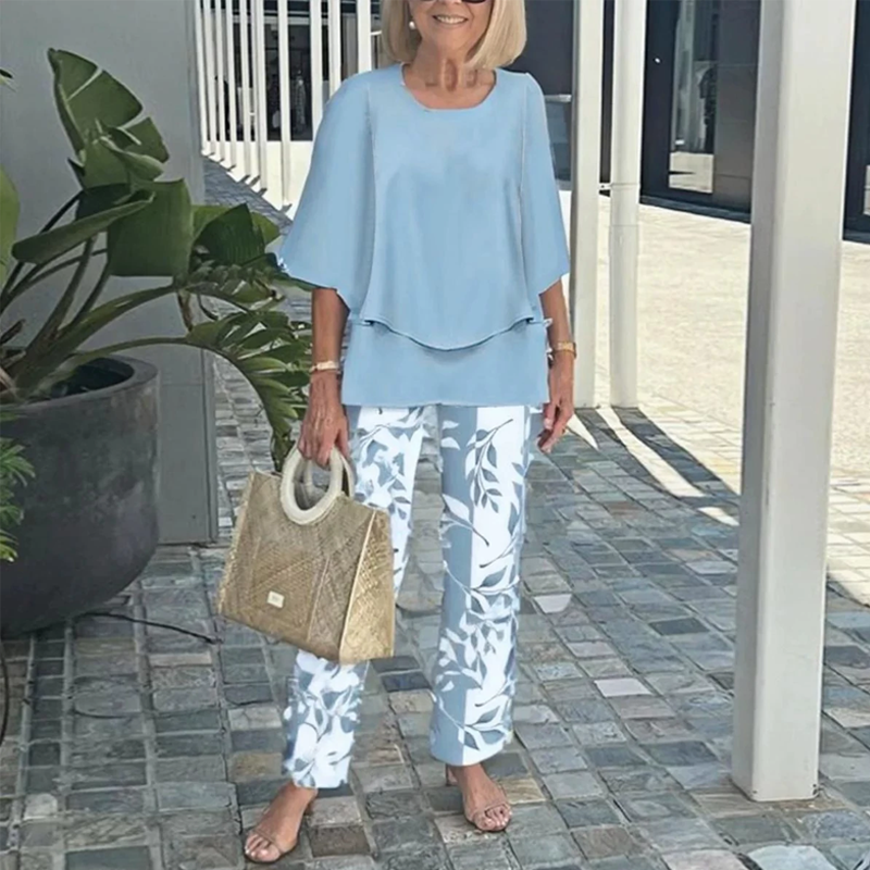 💃✨Damen-Zweiteiler: Bedruckte Hose & Oberteil mit Rundhalsausschnitt