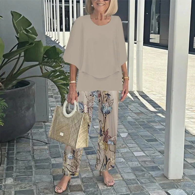 💃✨Damen-Zweiteiler: Bedruckte Hose & Oberteil mit Rundhalsausschnitt