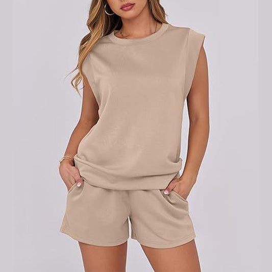 💕2025 Heißer Verkauf – 49% Rabatt🔥 2025 Neu: 2-teiliges Set für Damen mit Kurzarm-Rundhals-Oberteil und Kordelzugshorts
