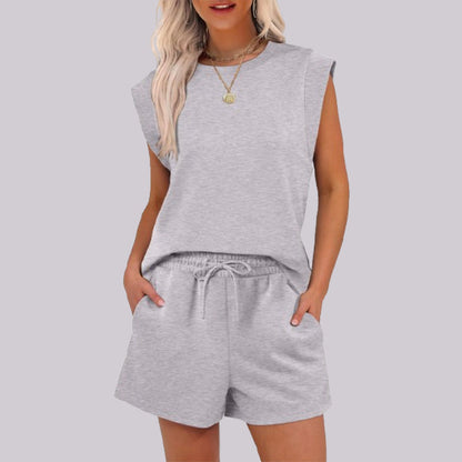 💕2025 Heißer Verkauf – 49% Rabatt🔥 2025 Neu: 2-teiliges Set für Damen mit Kurzarm-Rundhals-Oberteil und Kordelzugshorts