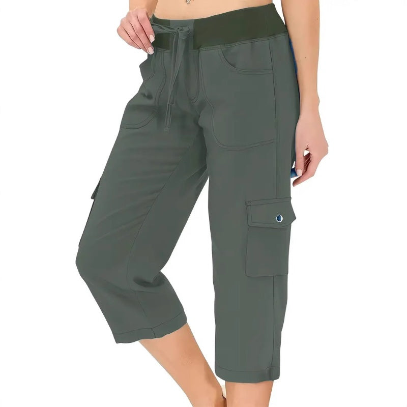 👖Einfarbige 3/4-Cargohose mit hoher Taille und Kordelzug für Damen