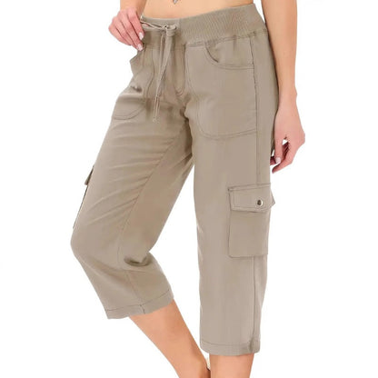 👖Einfarbige 3/4-Cargohose mit hoher Taille und Kordelzug für Damen