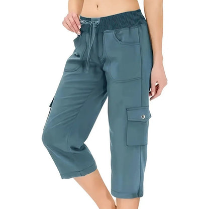 👖Einfarbige 3/4-Cargohose mit hoher Taille und Kordelzug für Damen