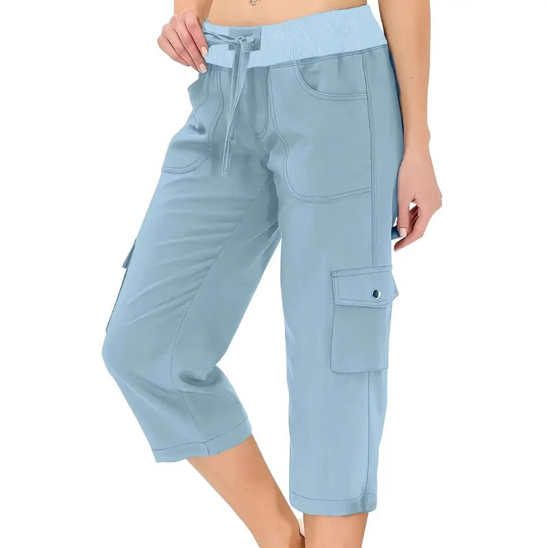 👖Einfarbige 3/4-Cargohose mit hoher Taille und Kordelzug für Damen