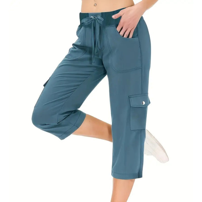 👖Einfarbige 3/4-Cargohose mit hoher Taille und Kordelzug für Damen
