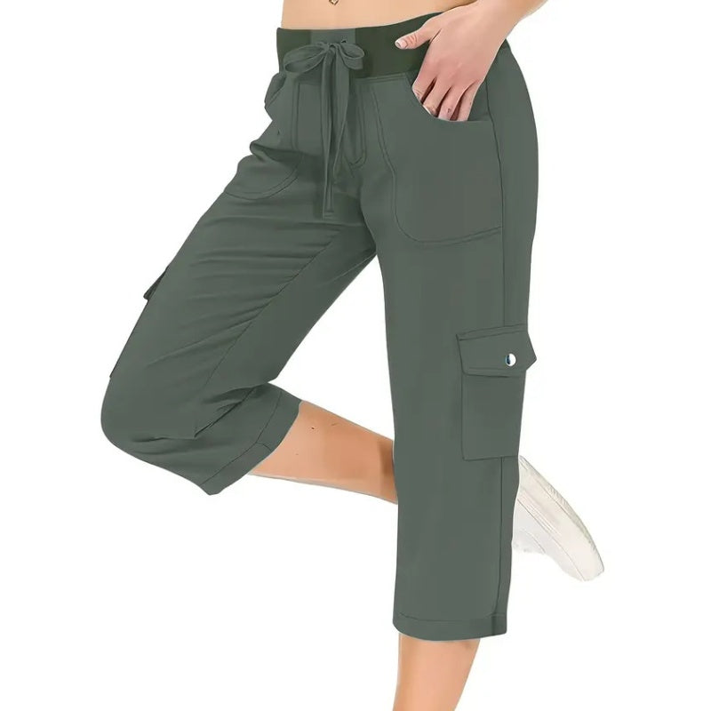 👖Einfarbige 3/4-Cargohose mit hoher Taille und Kordelzug für Damen