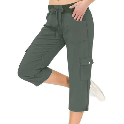 👖Einfarbige 3/4-Cargohose mit hoher Taille und Kordelzug für Damen
