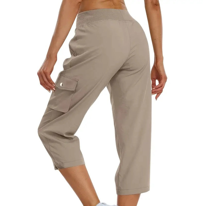👖Einfarbige 3/4-Cargohose mit hoher Taille und Kordelzug für Damen
