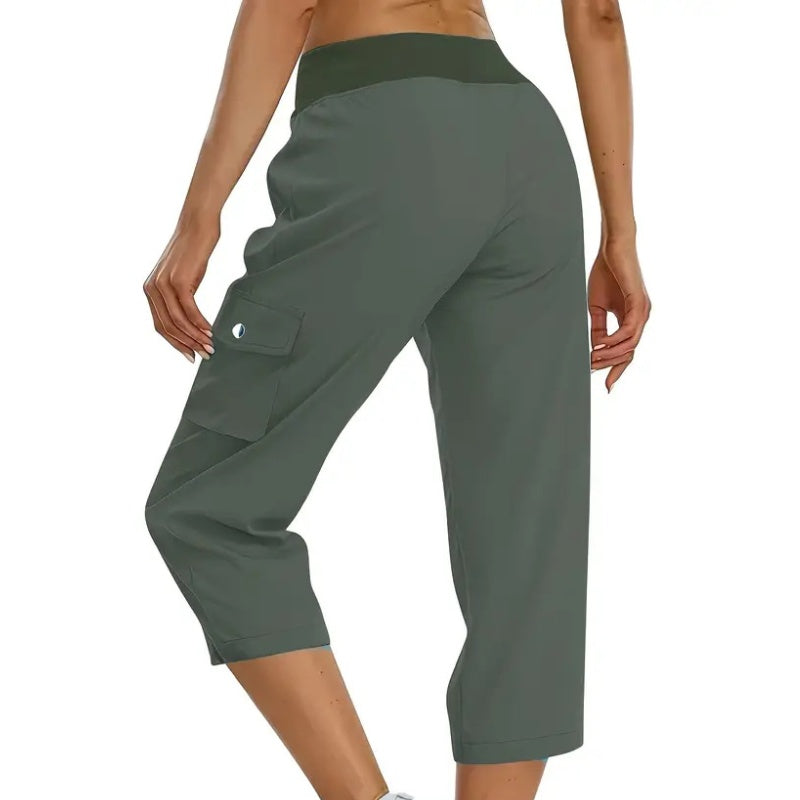 👖Einfarbige 3/4-Cargohose mit hoher Taille und Kordelzug für Damen