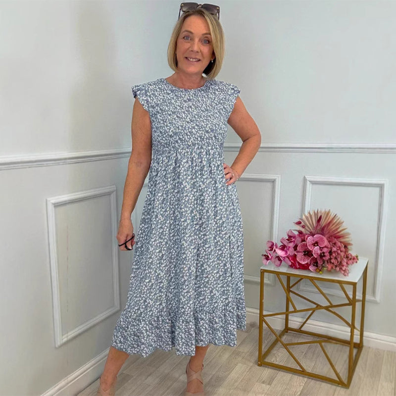🎉🛍️Heißer Verkauf 60% Rabatt💃Elegantes Blumenkleid mit hoher Taille und Rüschen-Cap-Ärmeln
