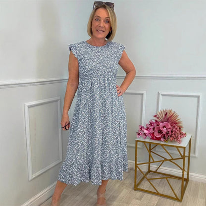 🎉🛍️Heißer Verkauf 60% Rabatt💃Elegantes Blumenkleid mit hoher Taille und Rüschen-Cap-Ärmeln