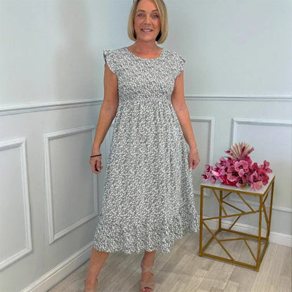 🎉🛍️Heißer Verkauf 60% Rabatt💃Elegantes Blumenkleid mit hoher Taille und Rüschen-Cap-Ärmeln