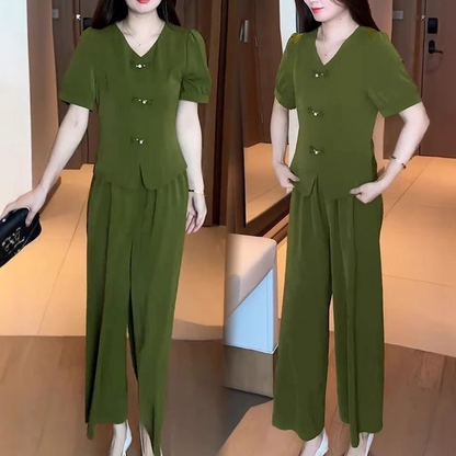 🌿✨Zweiteiliges Damen-Set aus kurzarm-Top mit V-Ausschnitt und weiter Hose💥💥Befristetes Angebot: 50% Rabatt auf Bestellungen