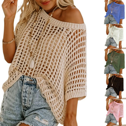 🎁2025 New Hot Sale - Womens Summer Scoop Neck Short Sleeve Sweater Casual Crochet Hollow Out Knit Tops Pullover Shirts Beach Coverup