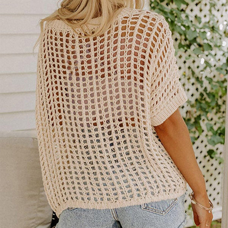 🎁2025 New Hot Sale - Womens Summer Scoop Neck Short Sleeve Sweater Casual Crochet Hollow Out Knit Tops Pullover Shirts Beach Coverup