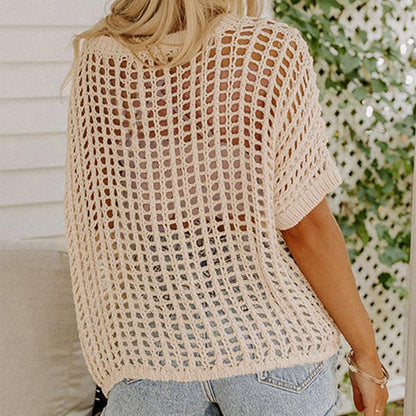 🎁2025 New Hot Sale - Womens Summer Scoop Neck Short Sleeve Sweater Casual Crochet Hollow Out Knit Tops Pullover Shirts Beach Coverup