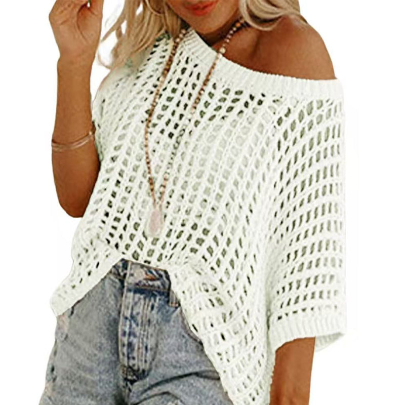🎁2025 New Hot Sale - Womens Summer Scoop Neck Short Sleeve Sweater Casual Crochet Hollow Out Knit Tops Pullover Shirts Beach Coverup