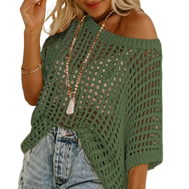🎁2025 New Hot Sale - Womens Summer Scoop Neck Short Sleeve Sweater Casual Crochet Hollow Out Knit Tops Pullover Shirts Beach Coverup
