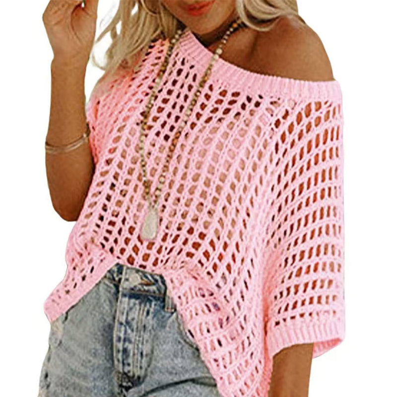 🎁2025 New Hot Sale - Womens Summer Scoop Neck Short Sleeve Sweater Casual Crochet Hollow Out Knit Tops Pullover Shirts Beach Coverup